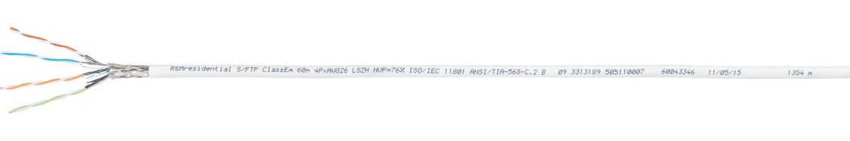 Freenet câble data S/FTP 4x2x0.40 blanc - 4P LSZH 500MHz Cat.6A jus. à 60m, Dca
