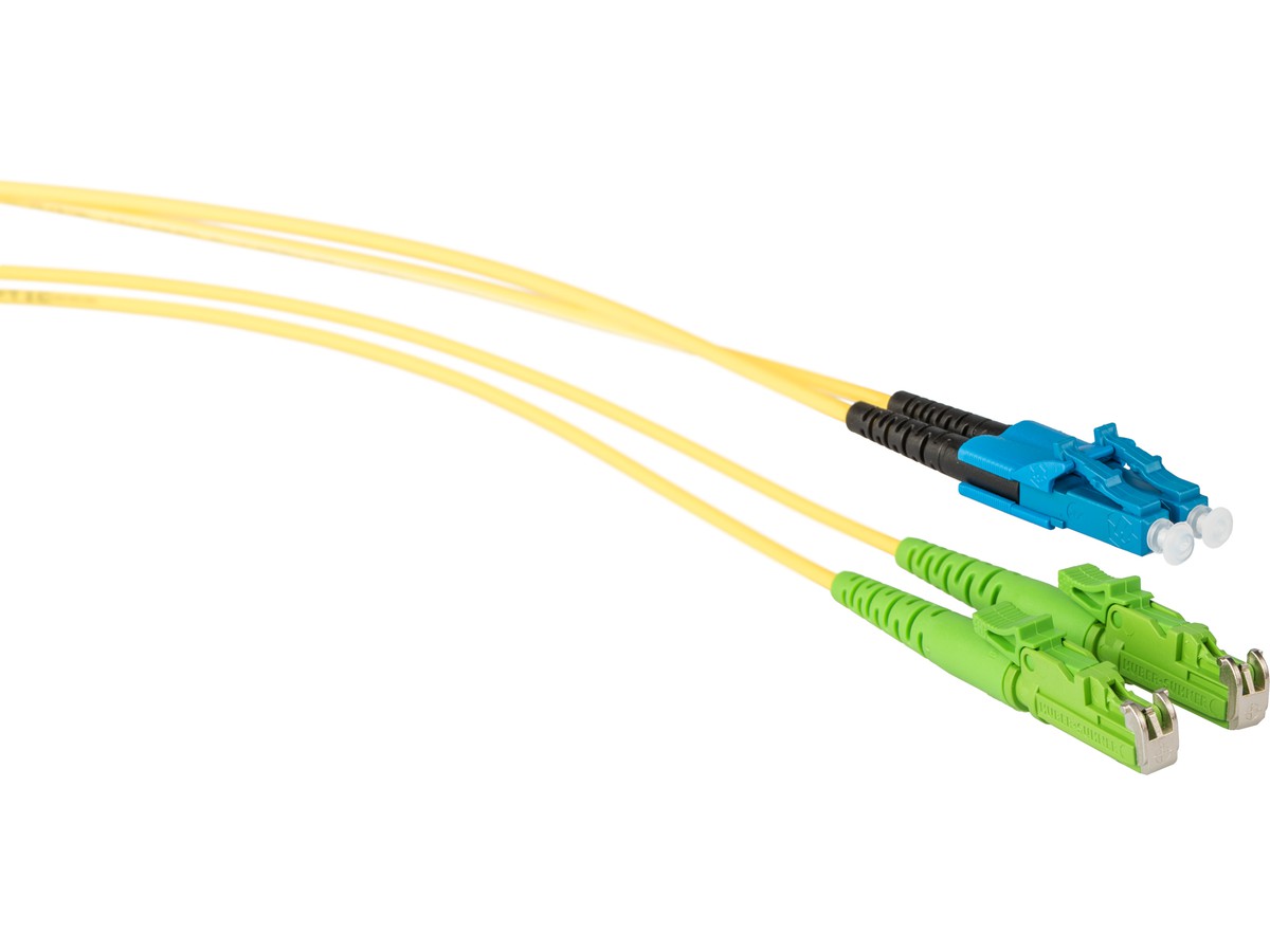 Cordon fibre optique, LCd PC - E2000 APC - 9/125, duplex jaune, fig.8, L= 2.0m