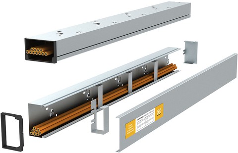 Pose groupée avec support collectif de type LKM60100, avec tige suspendue LKM/KF60100, espacement ≤ 490 mm, poids max. 3 kg/m, montage au plafond
