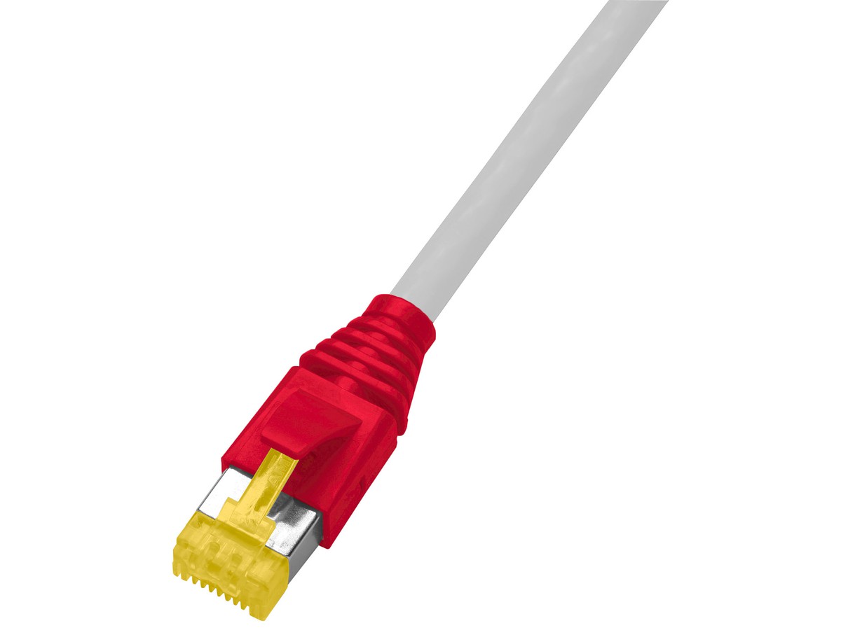 Unipatch 4P S/FTP 1:1 RJ45 AMP 0.3m - Cat.6A, câble gris/capot TLP rouge