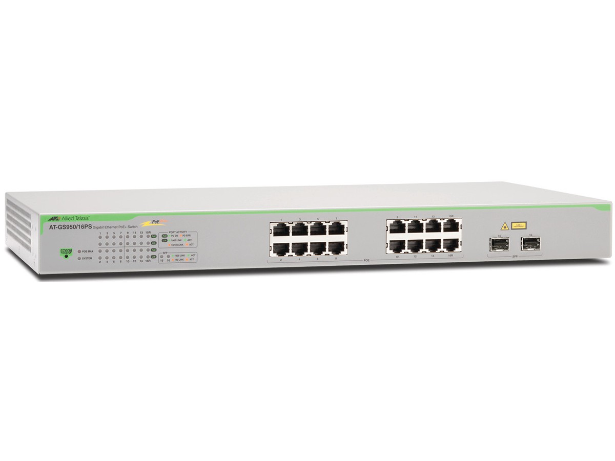 AT-GS950/16PS, 16x10/100/1000T, PoE+ - + 2xSFP-Combo, Switch L2, Web-managed