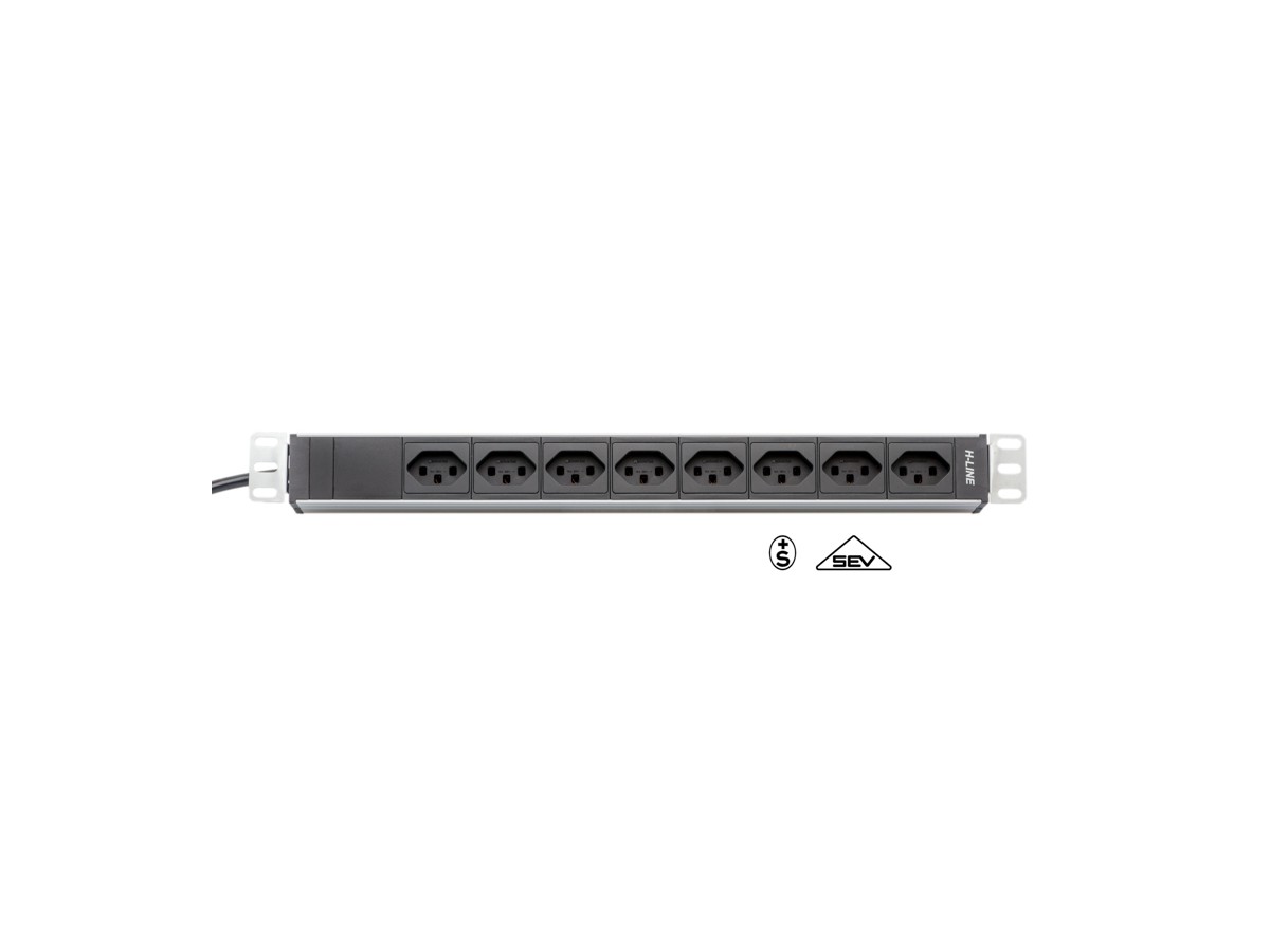 H-LINE Steckdosenleiste 19" 8xT23 oF - ohne Netzfilter, Kabel 3m, schwarz