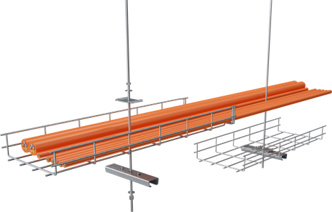 Gitterrinne Typ GRM55 mit Mittenabhängung GMS 170, Abstand <= 1000mm, max. 7.5kg/m,  Deckenmontage