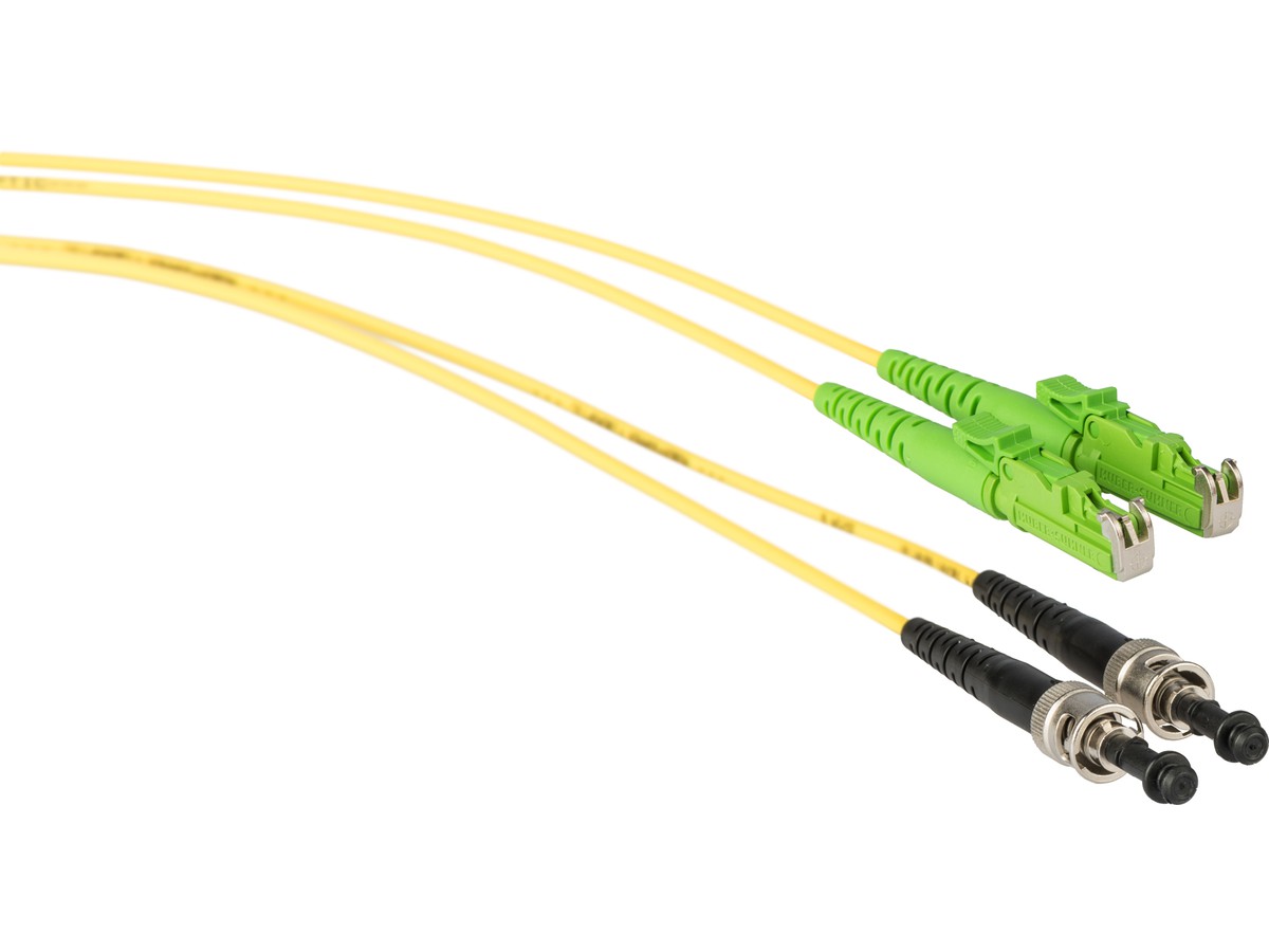 Cordon fibre optique, E2000 APC - ST - 9/125, duplex jaune, fig.8, L= 5.0m