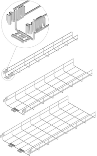 Goulotte à grille de type KDSZ400H60 avec support en C CWOP40H40/0.5 et tige filetée PGM10, espacement ≤ 1500 mm, poids max. 20 kg/m, montage au plafond