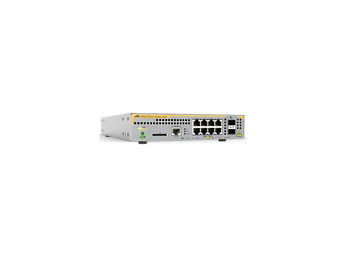 AT-IE210L-10GP,Switch Industrial L2 - 8x10/100/1000T, 2x SFP, PoE+, 124W