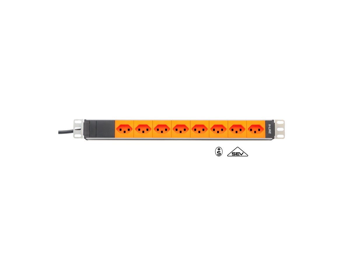 H-LINE Steckdosenleiste 19" 8xT23 oF - ohne Netzfilter, Kabel 3m, orange
