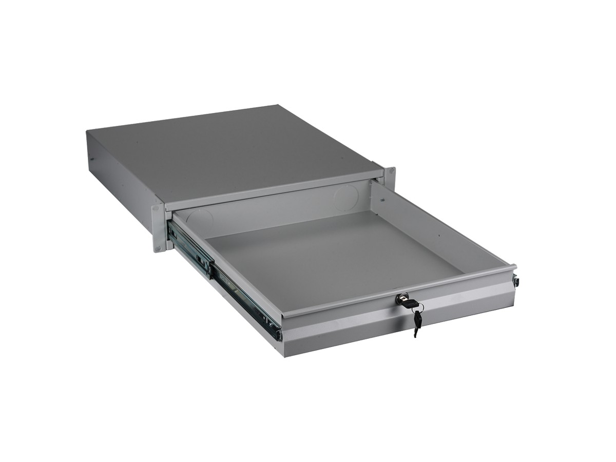 Dokumentenschublade 19" 2HE, T:466mm - Vollauszug mit Schloss und Schlüssel