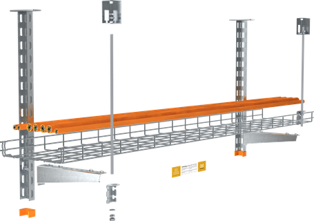 Gitterrinne Typ GRM55/, Ausleger AW15/ oder AWG15/ und Hängestiel US3K/, US5K/ oder US7K/ , Abstand <= 1500mm, max. 20kg/m,  Deckenmontage