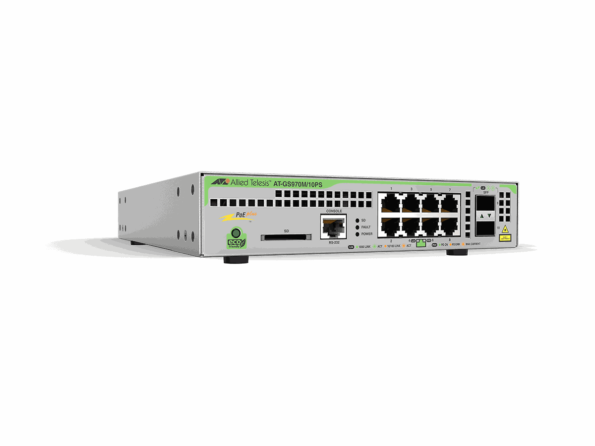 AT-GS970M/10PS, 8x10/100/1000T, 2xSFP - Switch L3, PoE+, managed, 180W