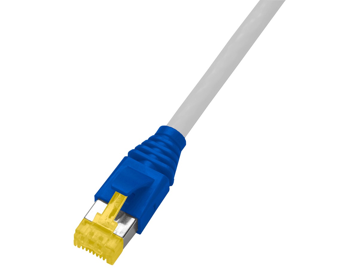 Unipatch 4P S/FTP 1:1 RJ45 AMP 0.3m - Cat.6A, câble gris/capot TLP bleu