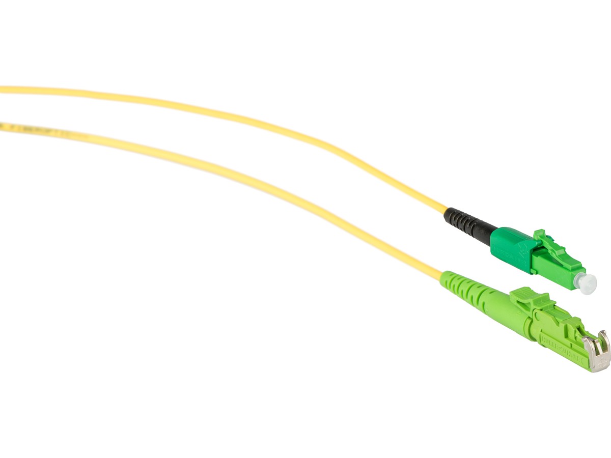 FTTH - Patchkabel, LC APC - E2000 APC - 9/125 G657.A2, simplex gelb, L= 1.0m