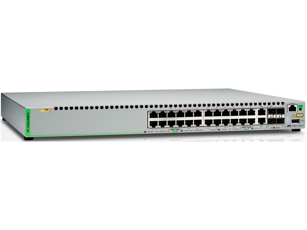 AT-GS924MPX, 22x10/100/1000 + 2xSFP-Cob. - + 2xSFP+, PoE+ 370W, Switch L2