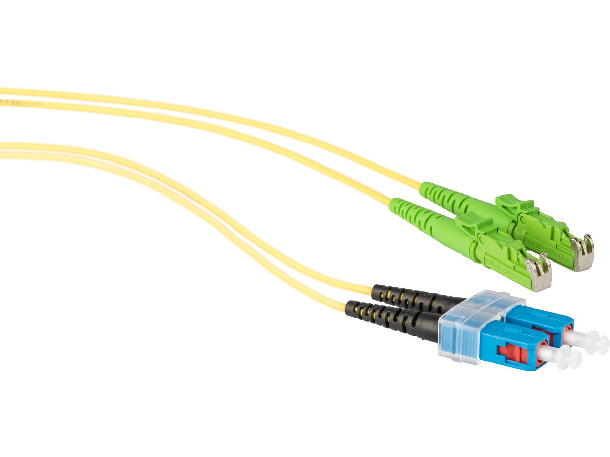 Cordon fibre optique, E2000 APC - SCd PC - 9/125, duplex jaune, fig.8, L= 10m