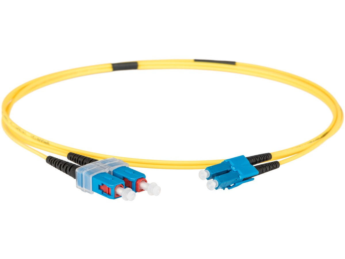 Cordon fibre optique, LCd - SCd - 9/125, duplex jaune, fig.8, L= 1.0m