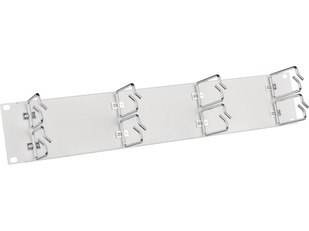 Rangierpanel 19" 2HE weiss RAL9010 - 8 Bügel verchromt, 43x86mm, geschraubt
