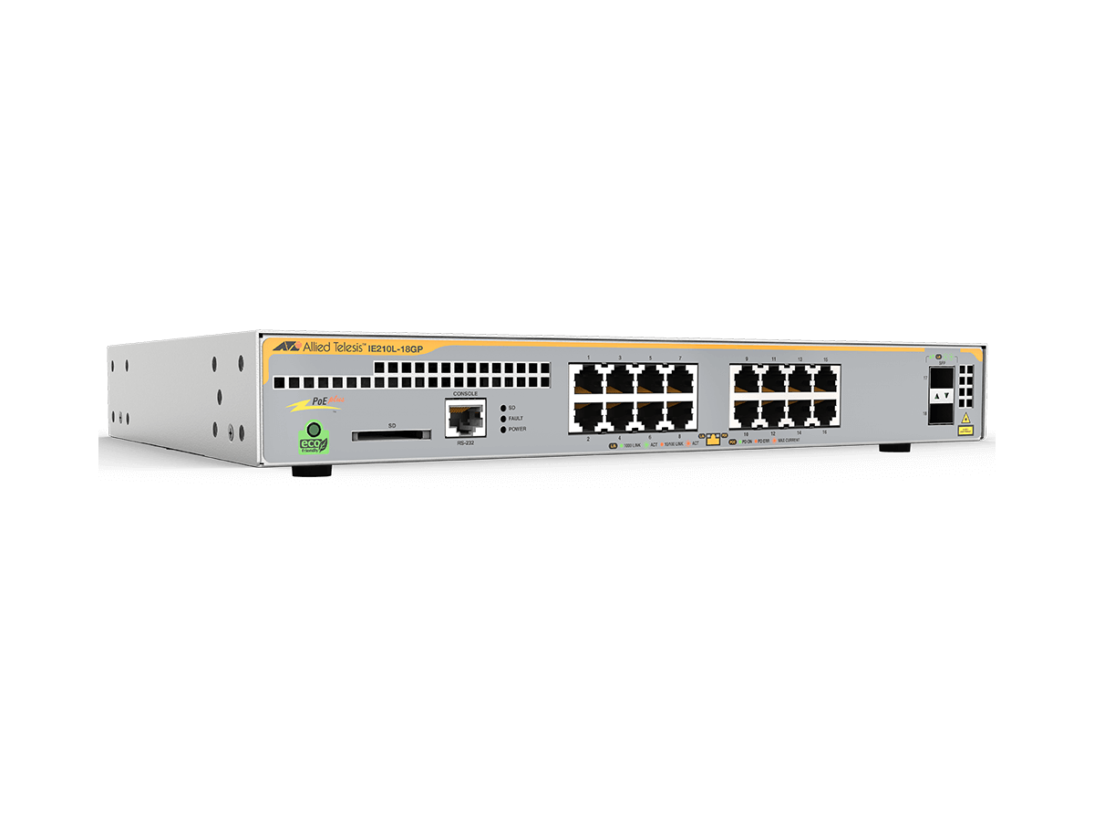 AT-IE210L-18GP,Switch Industrial L2 - 16x10/100/1000T, 2xSFP, PoE+, 247W