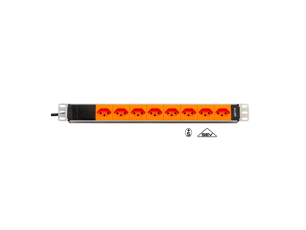 H-LINE Steckdosenleiste 19" 8xT13 oF - ohne Netzfilter, Kabel 3m, orange