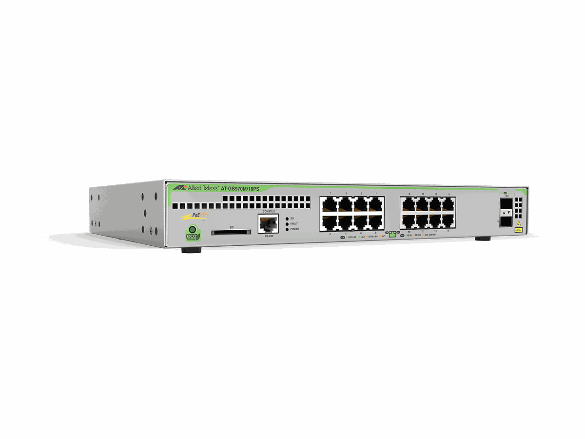 AT-GS970M/18PS, 16x10/100/1000T, 2xSFP - Switch L3, PoE+, managed, 247W