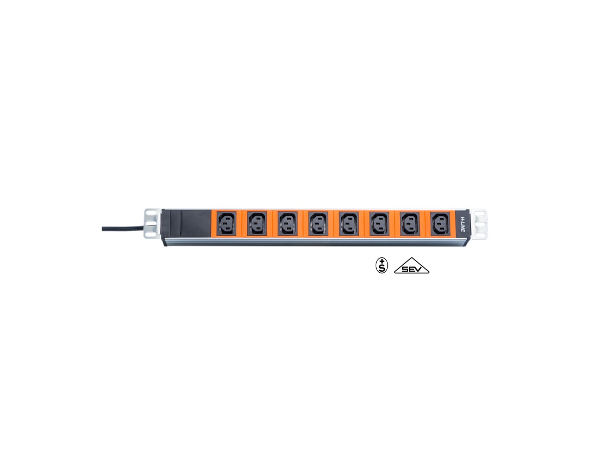 H-LINE Steckdosenleiste 19" 8xC13 oF - ohne Netzfilter, Kabel 3m, orange